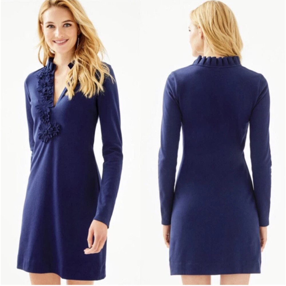 Lilly Pulitzer Clary Polo Dress Size L Nwt True Navy Long Sleeve Ruffle Applique